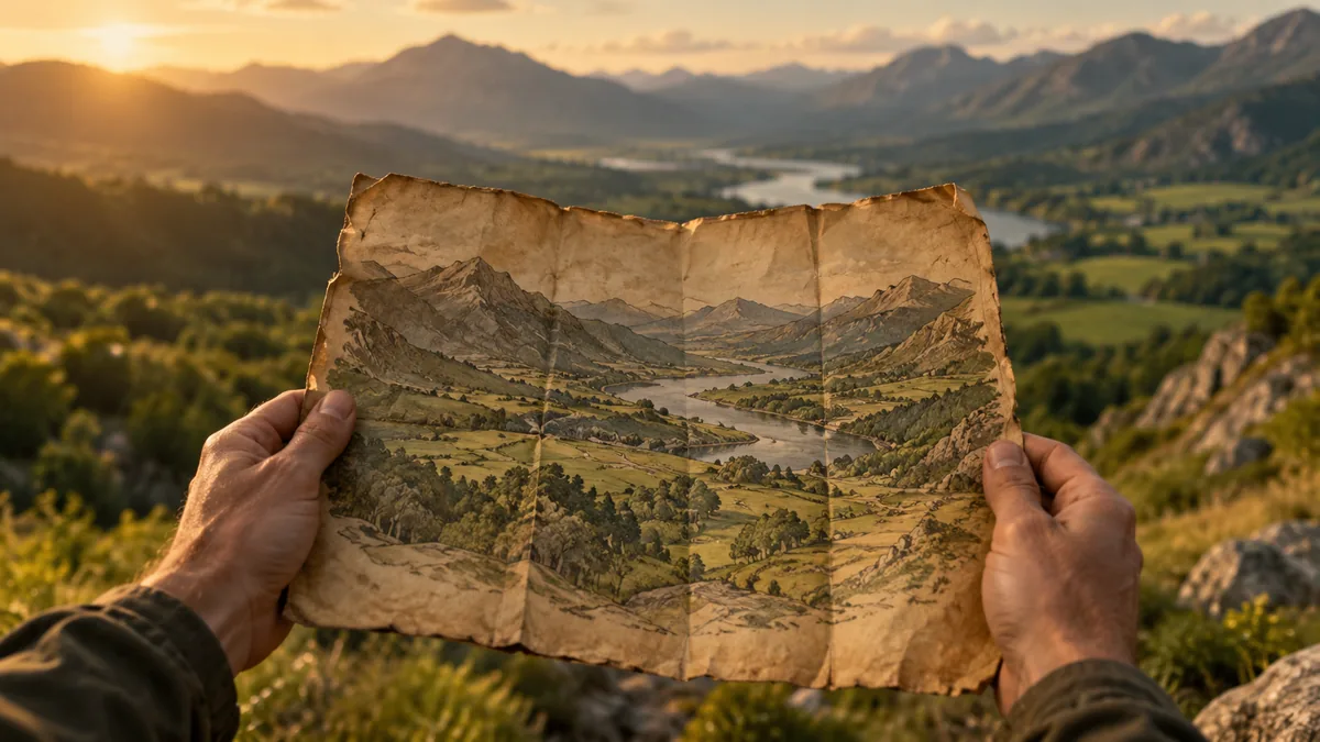 Mains tenant une carte papier devant le paysage réel qu'elle représente