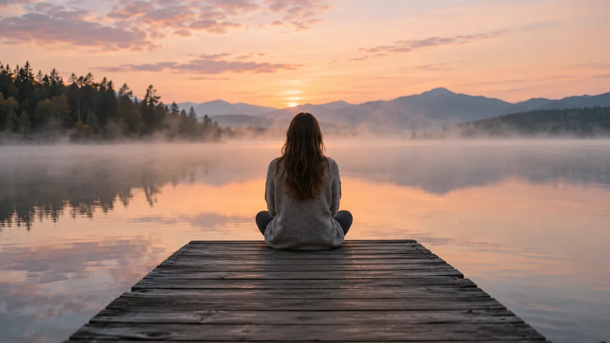 Femme assise sur un ponton face à un lac calme à l'aube