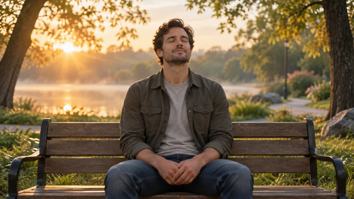 Homme assis sur un banc dans un parc au lever du soleil, les yeux fermés, respirant profondément