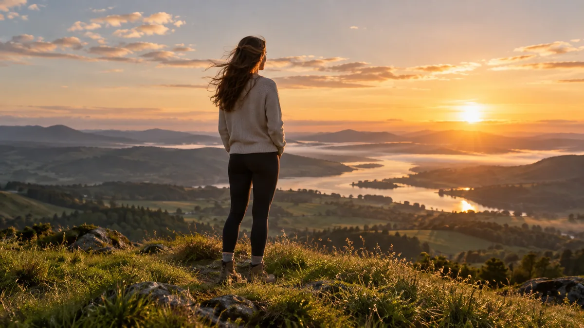 Jeune femme debout au sommet d'une colline au lever du soleil, regardant l'horizon