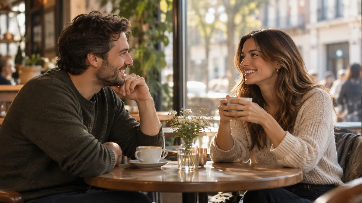 Deux amis discutant avec le sourire à une table de café