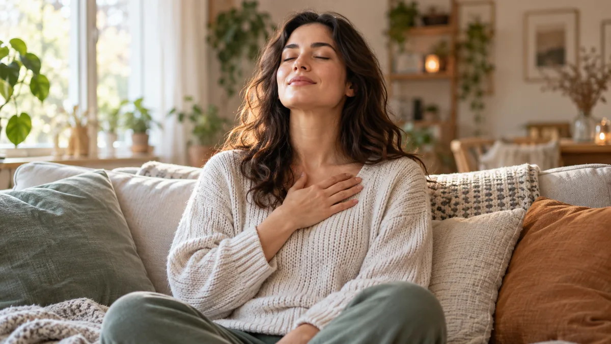 Jeune femme assise les yeux fermés, une main sur la poitrine, respirant lentement