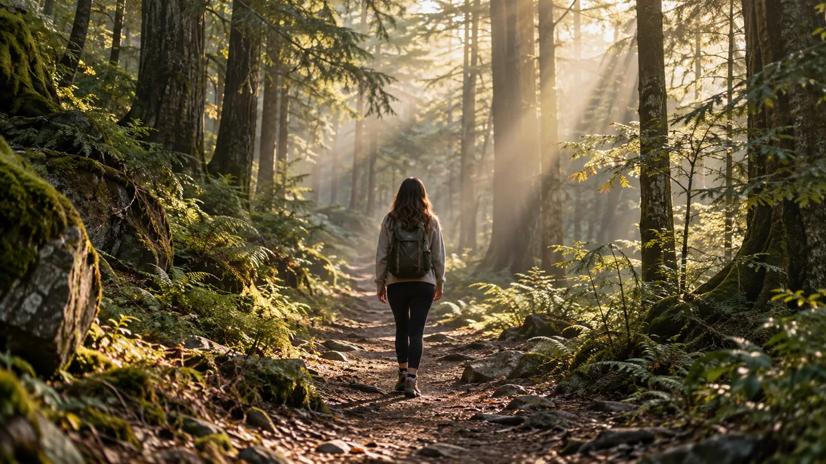 Femme marchant seule sur un sentier en forêt dans la lumière du matin