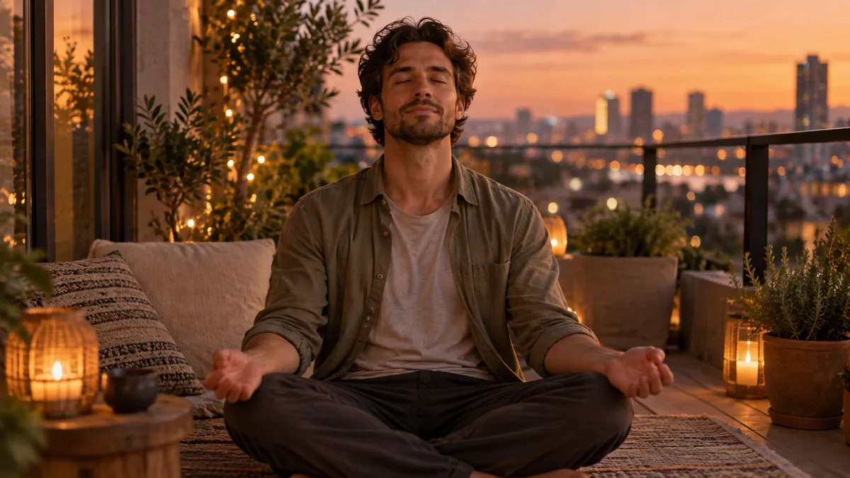 Homme assis sur un balcon au crépuscule, les yeux fermés, reprenant son calme