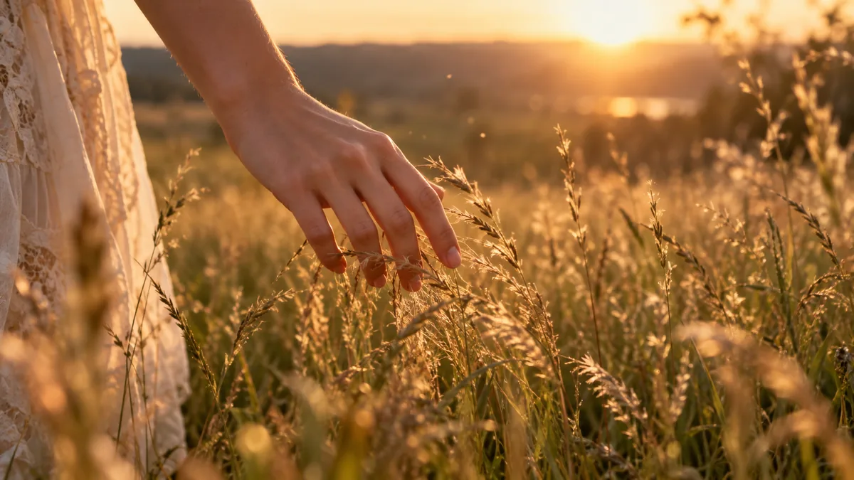 Main effleurant de hautes herbes dans un pré au soleil couchant