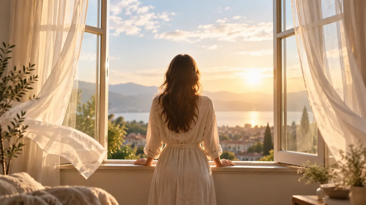 Femme de dos regardant par une fenêtre ouverte dans la lumière du matin
