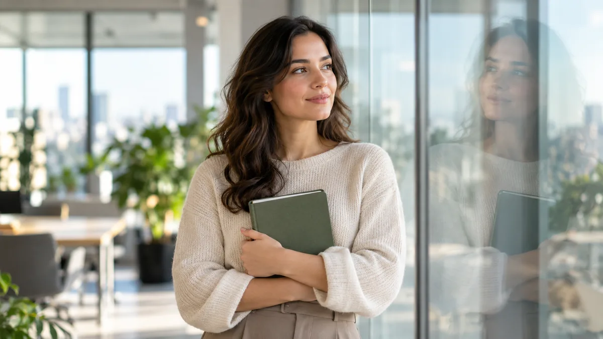 Jeune femme songeuse regardant son reflet dans une paroi vitrée de bureau