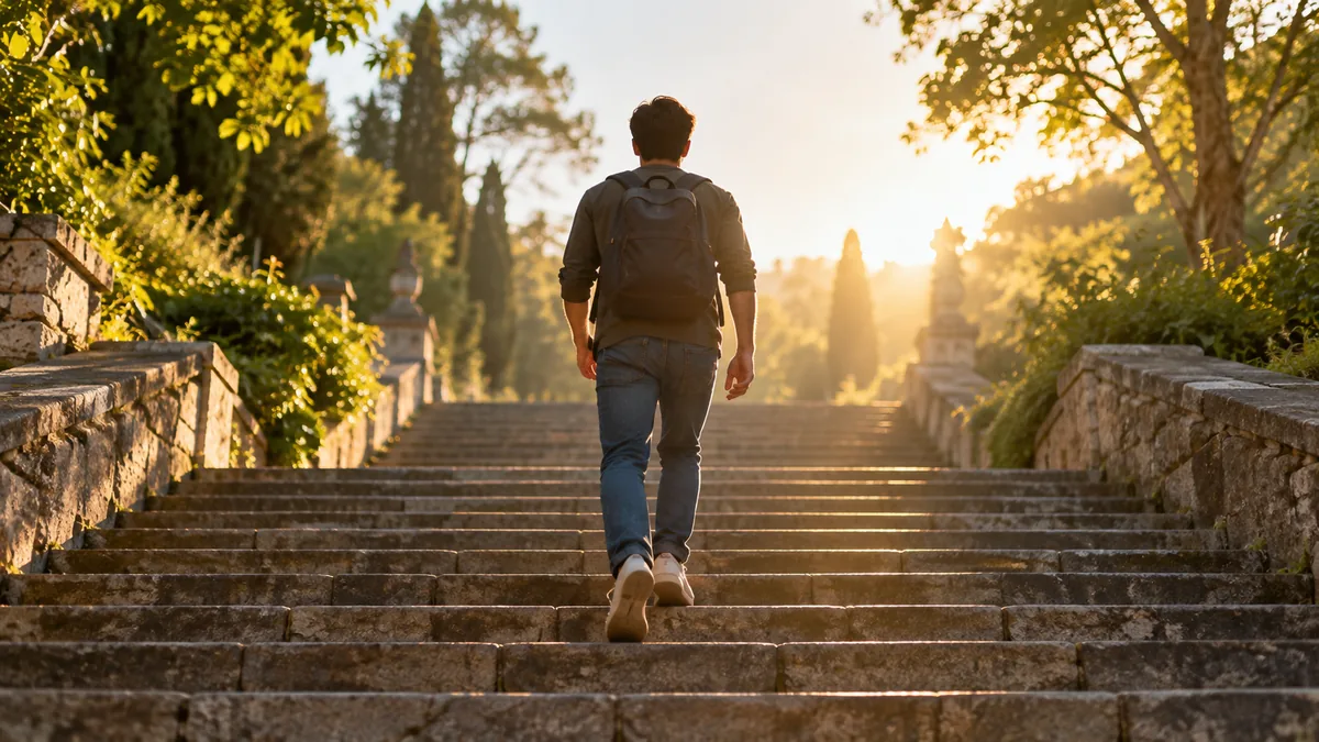 Jeune homme montant un escalier en pierre vers la lumière du matin