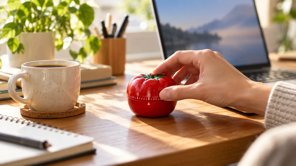 Main lançant un minuteur de cuisine posé à côté d'un ordinateur portable