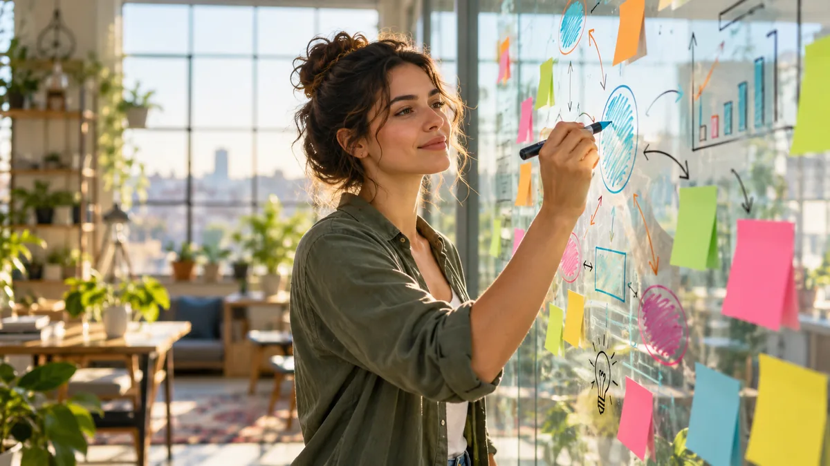 Jeune femme dessinant un schéma coloré sur un tableau en verre
