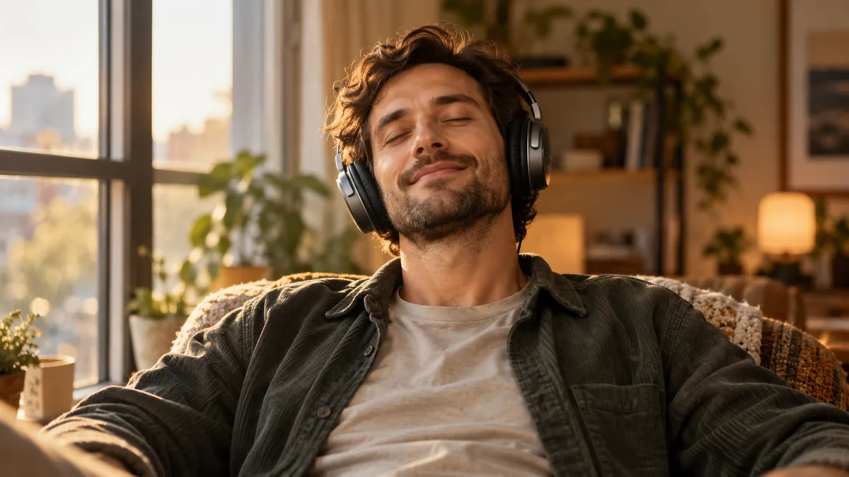 Homme les yeux fermés écoutant de la musique au casque près d'une fenêtre