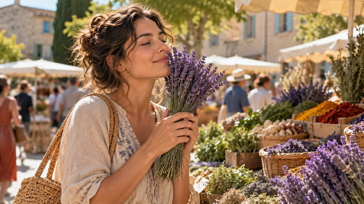 Femme respirant un bouquet de lavande sur un marché provençal