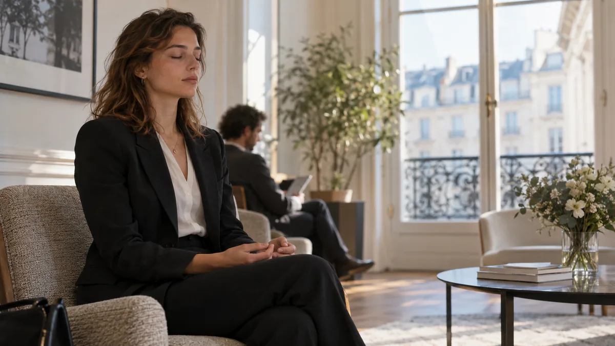 Jeune femme les yeux fermés pressant le pouce contre le majeur avant un entretien