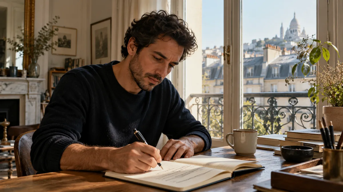 Homme barrant une phrase dans un carnet pour en écrire une nouvelle