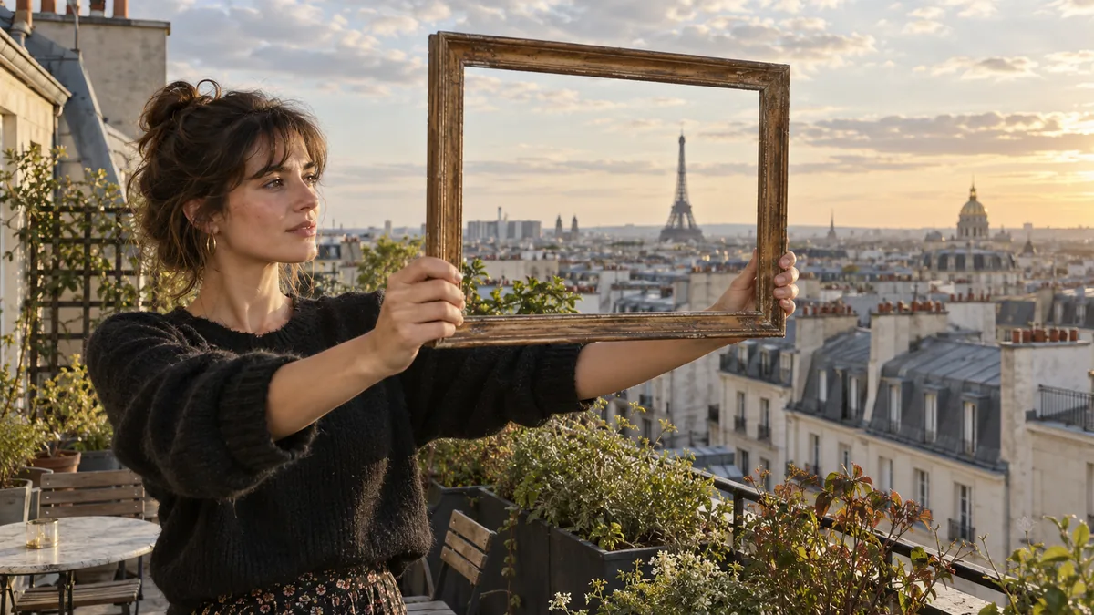 Femme tenant un cadre vide devant les toits de Paris