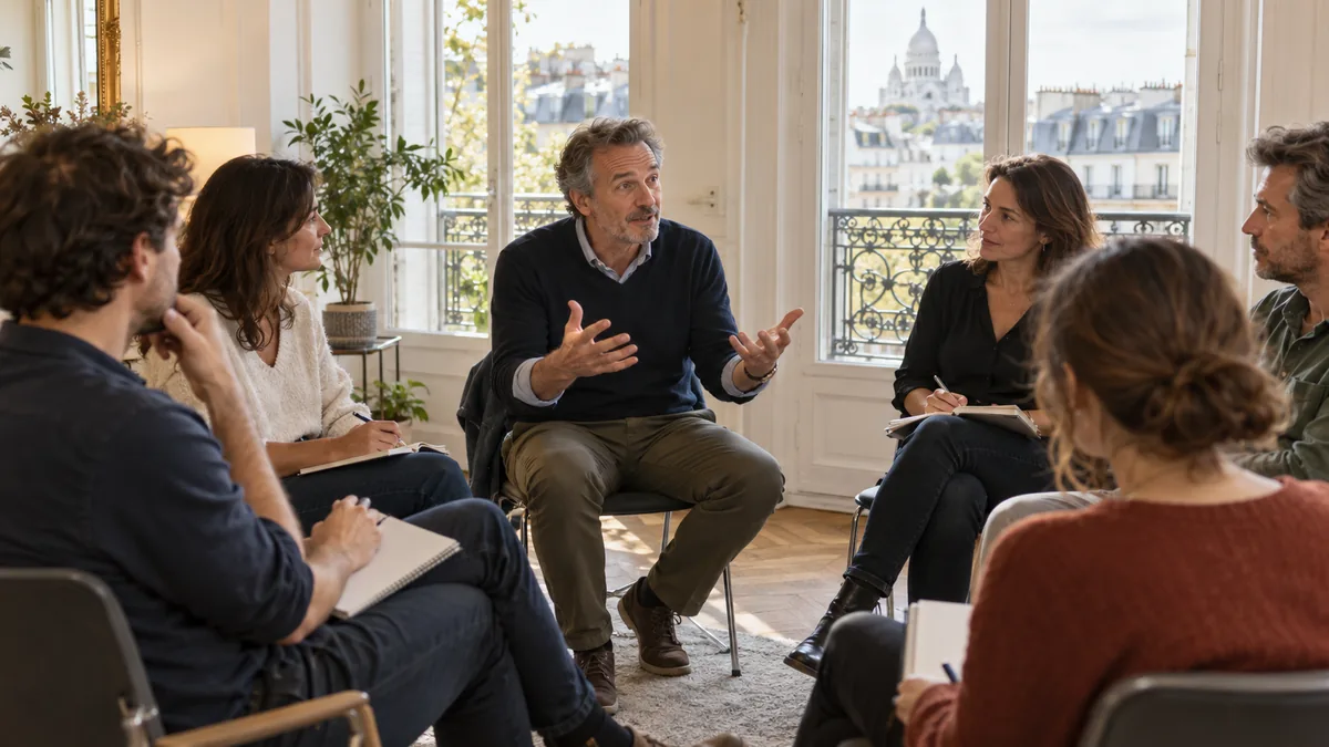 Formateur animant un atelier de PNL devant un petit groupe assis en cercle