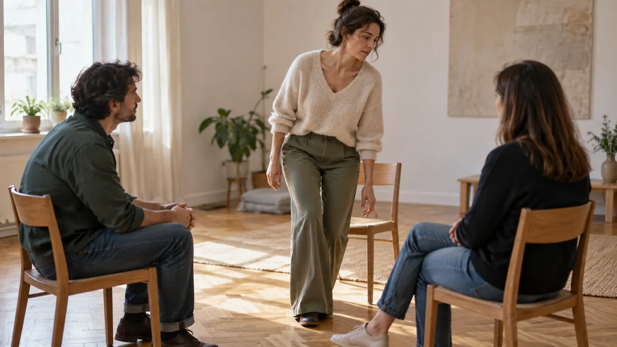 Femme changeant de chaise lors de l'exercice des trois positions de perception