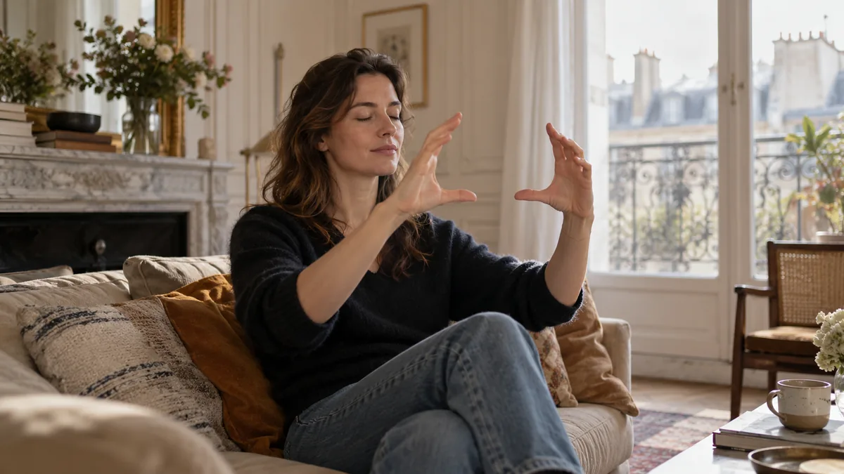 Femme les yeux fermés écartant les mains comme pour agrandir une image mentale