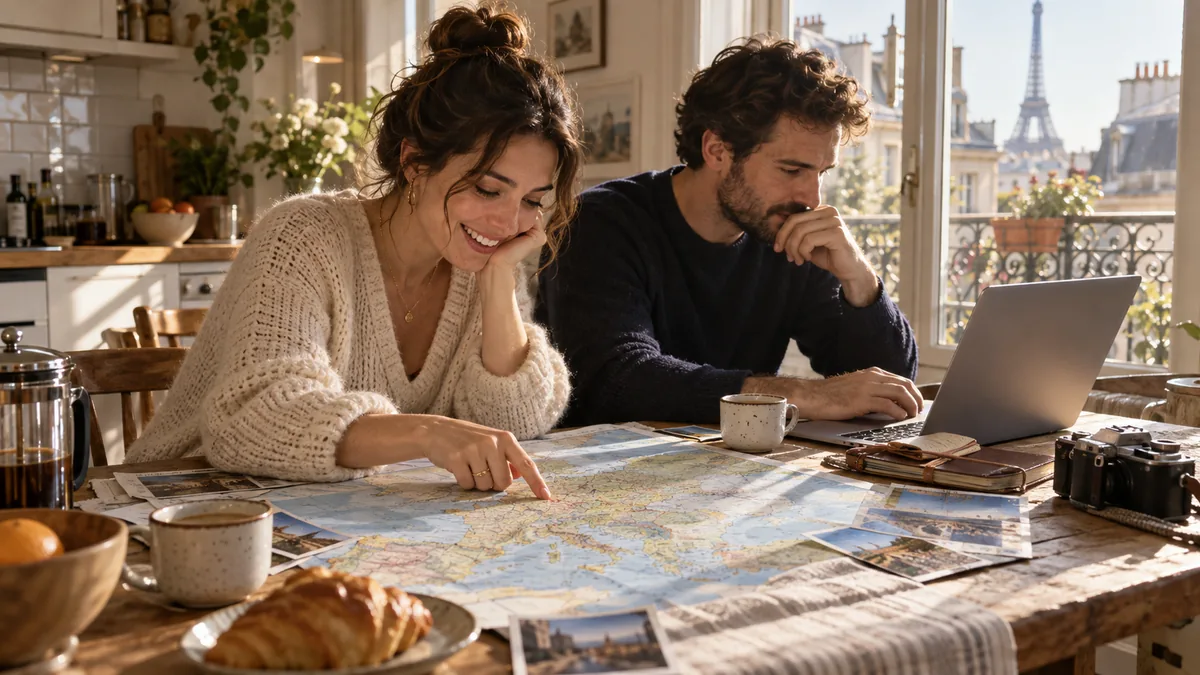 Couple préparant un voyage, l'une regardant une carte, l'autre une liste détaillée