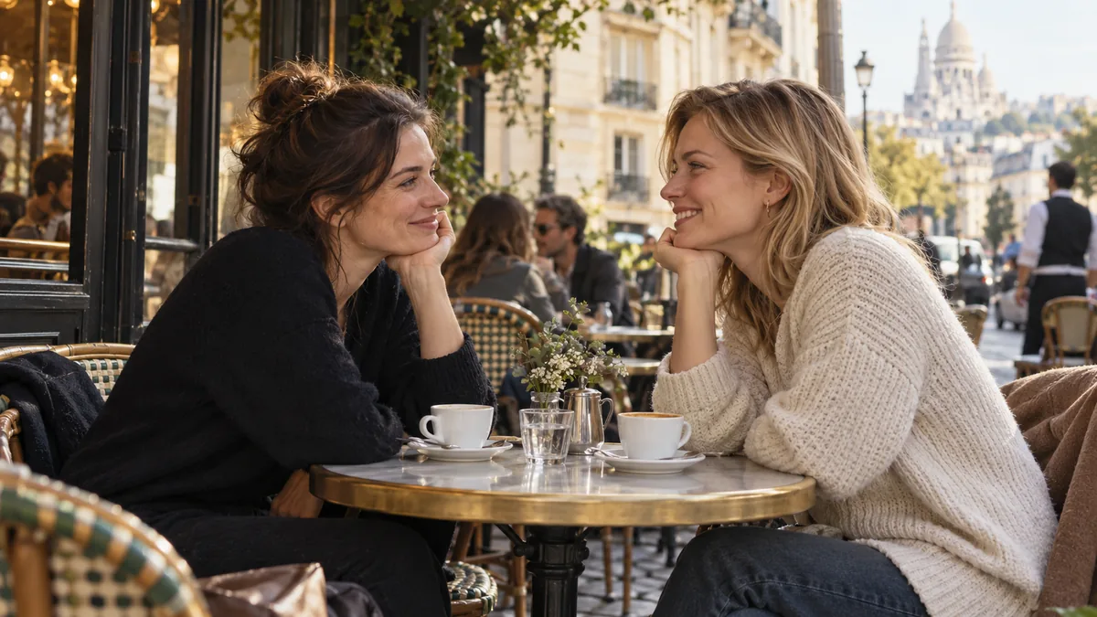 Deux amis en terrasse adoptant spontanément la même posture pendant une conversation