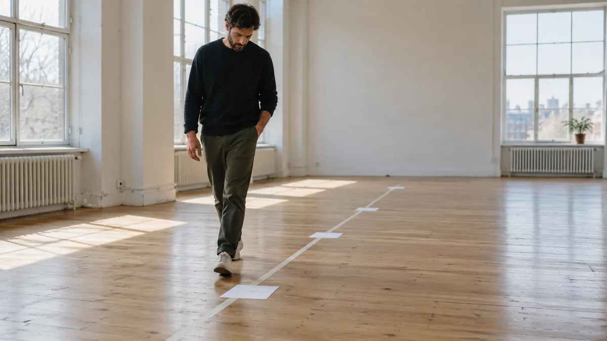 Homme marchant le long d'une ligne tracée au sol lors d'un exercice de ligne du temps