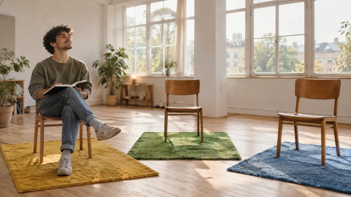Homme assis sur l'une des trois chaises d'un exercice de créativité, le regard levé