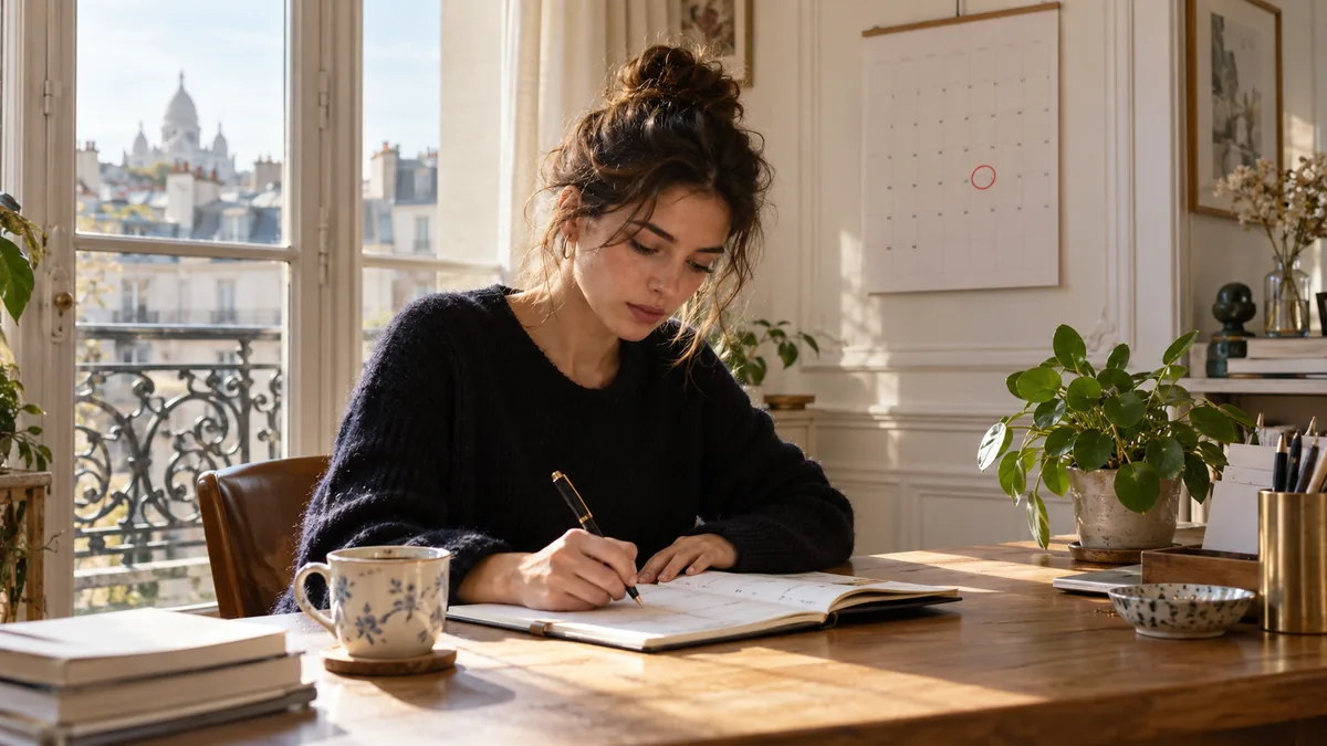 Jeune femme écrivant un objectif dans son agenda, une date entourée sur le calendrier