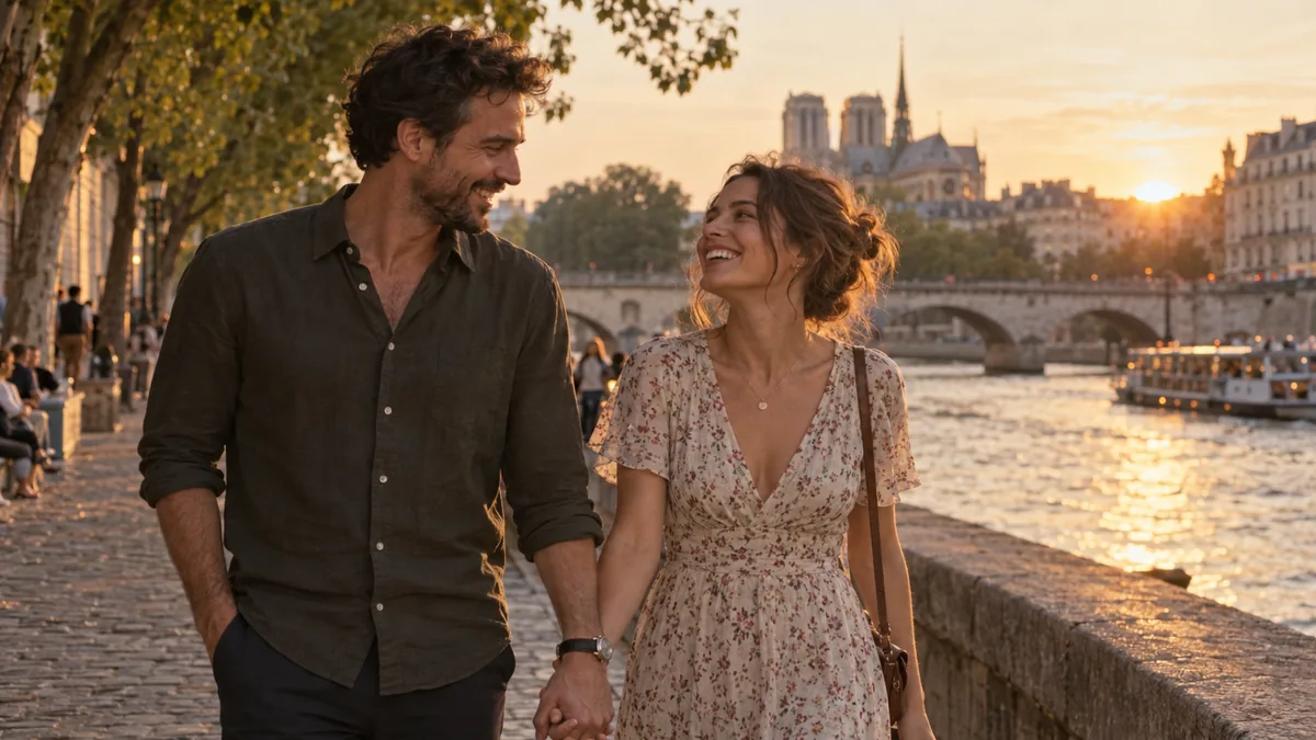 Couple amoureux marchant main dans la main au bord de la Seine