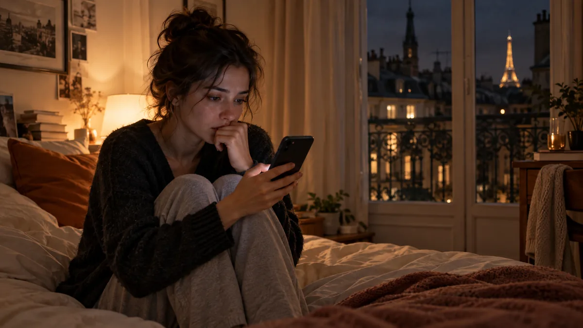 Jeune femme fixant son téléphone dans l'attente d'un message