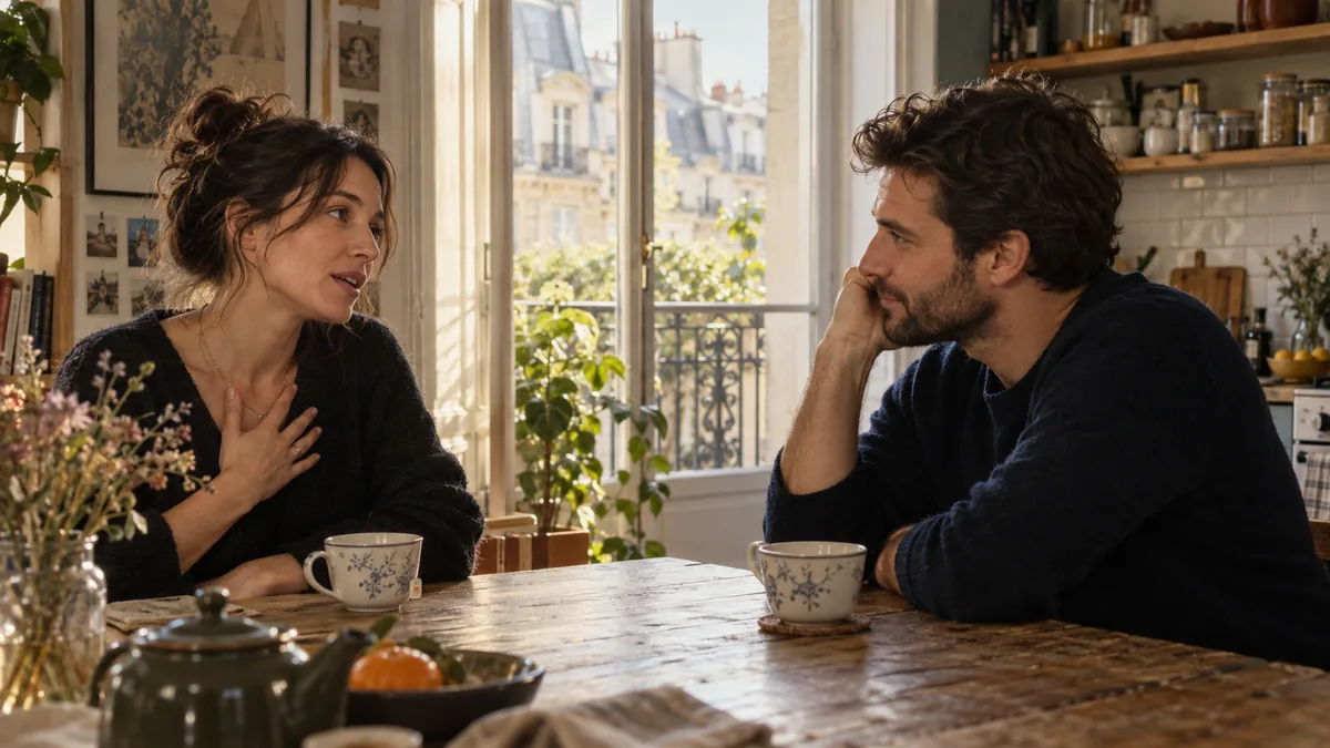 Couple ayant une conversation calme et sincère autour d'une table