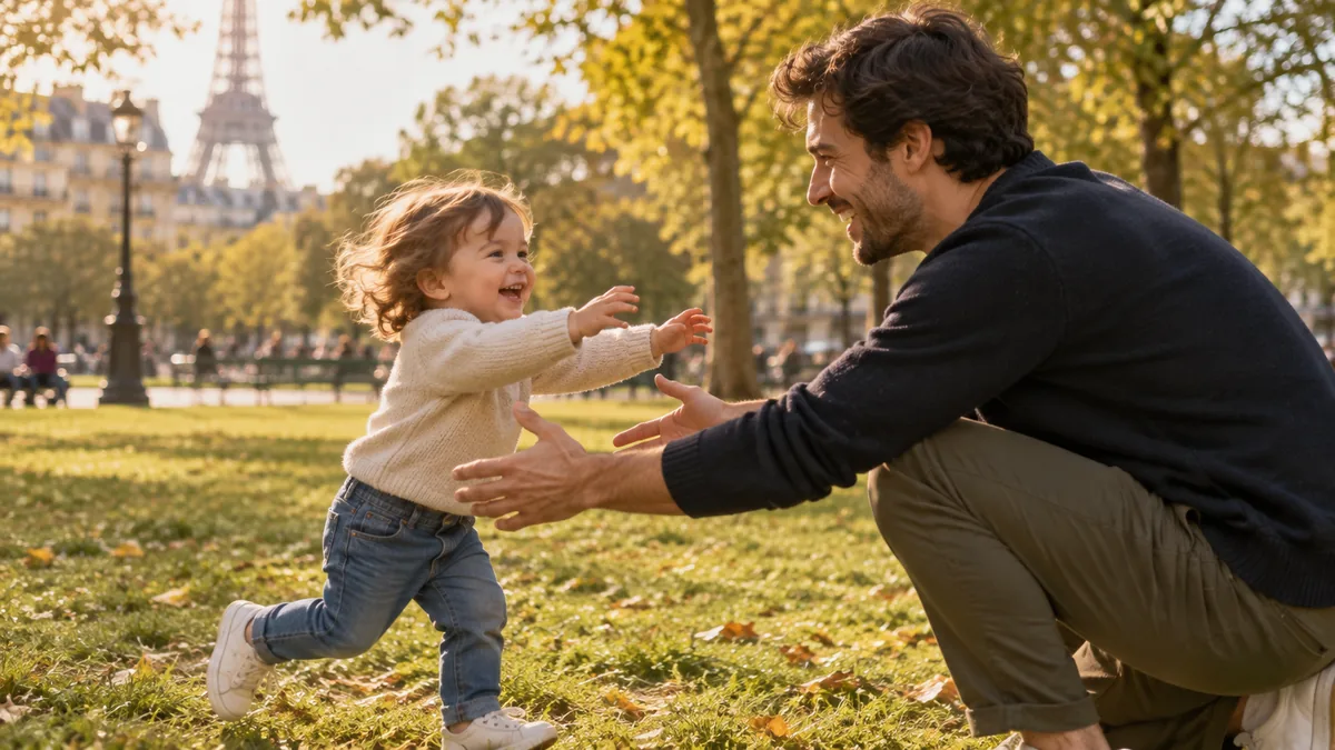 Jeune enfant courant se blottir dans les bras de son père dans un parc