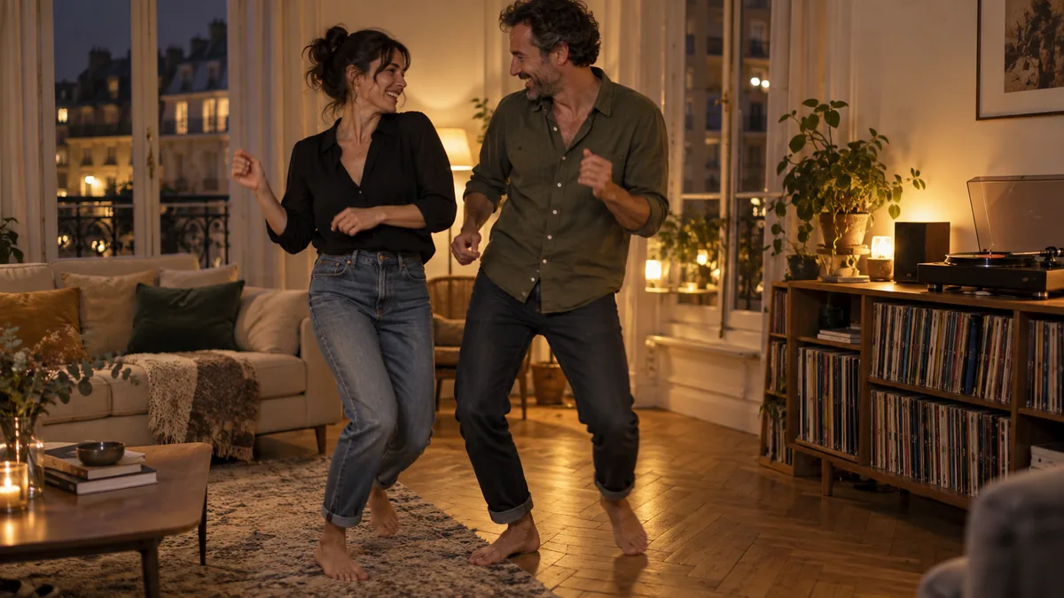 Couple dansant et riant dans son salon en soirée