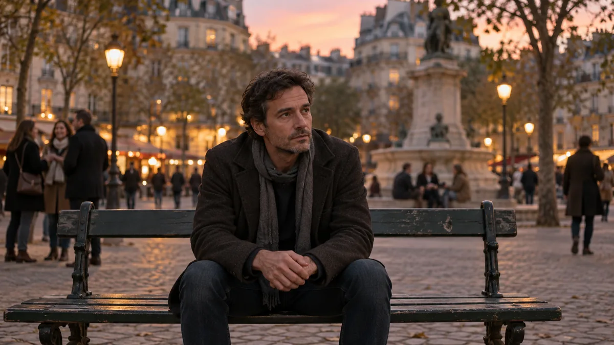 Homme seul assis sur un banc dans un square parisien au crépuscule