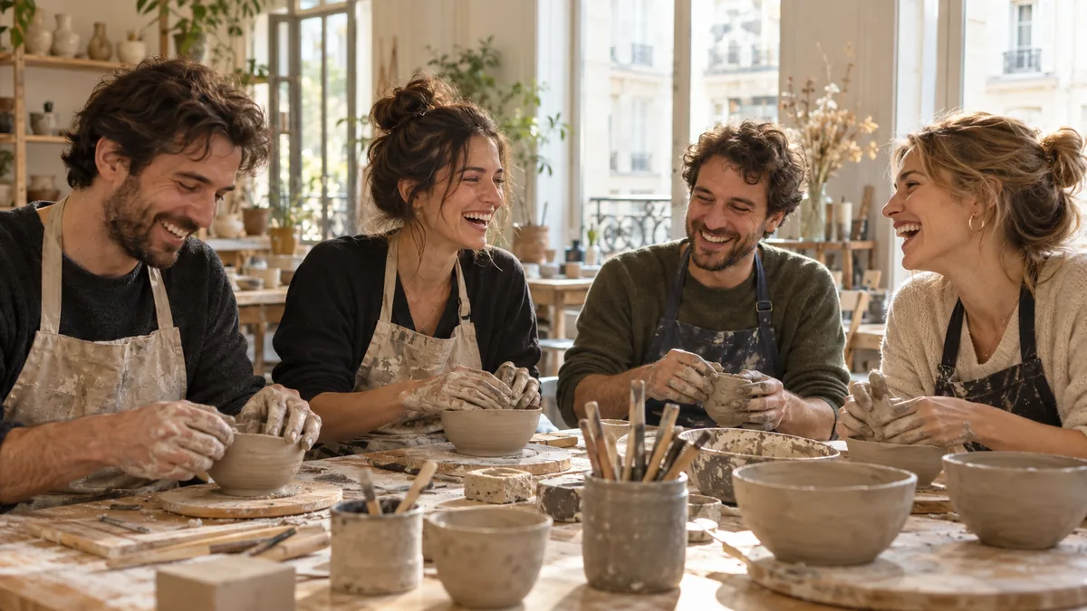 Groupe d'adultes riant ensemble lors d'un atelier de poterie