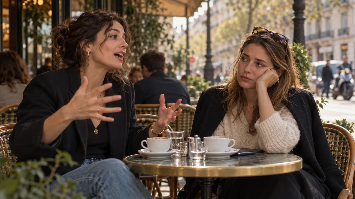 Femme à l'air épuisé écoutant une amie parler d'elle sans s'arrêter en terrasse
