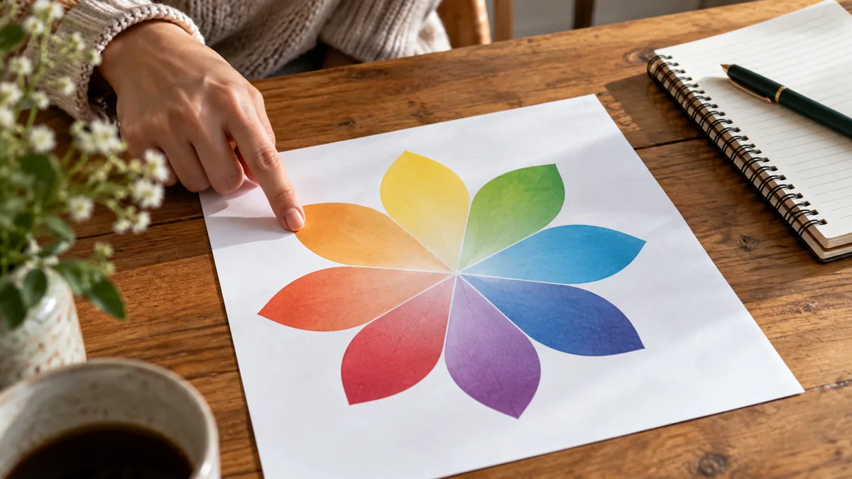 Main désignant un pétale sur une roue des émotions colorée