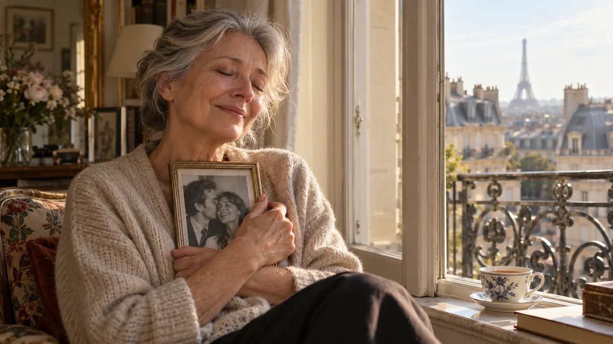 Femme âgée serrant un cadre photo contre elle près d'une fenêtre