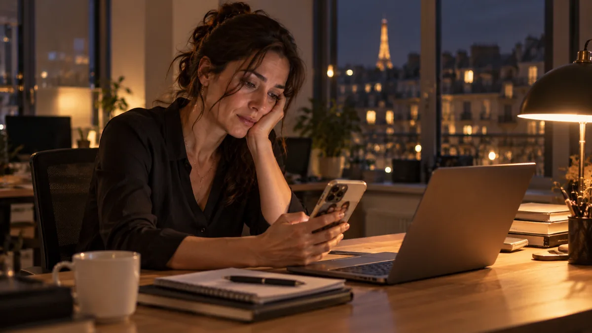 Femme au bureau le soir, regardant une photo sur son téléphone d'un air coupable