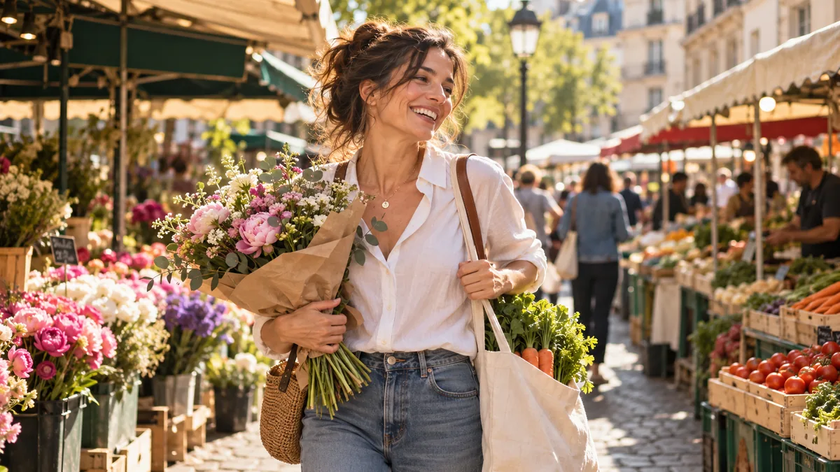Femme riant sur un marché parisien ensoleillé, un bouquet de fleurs à la main