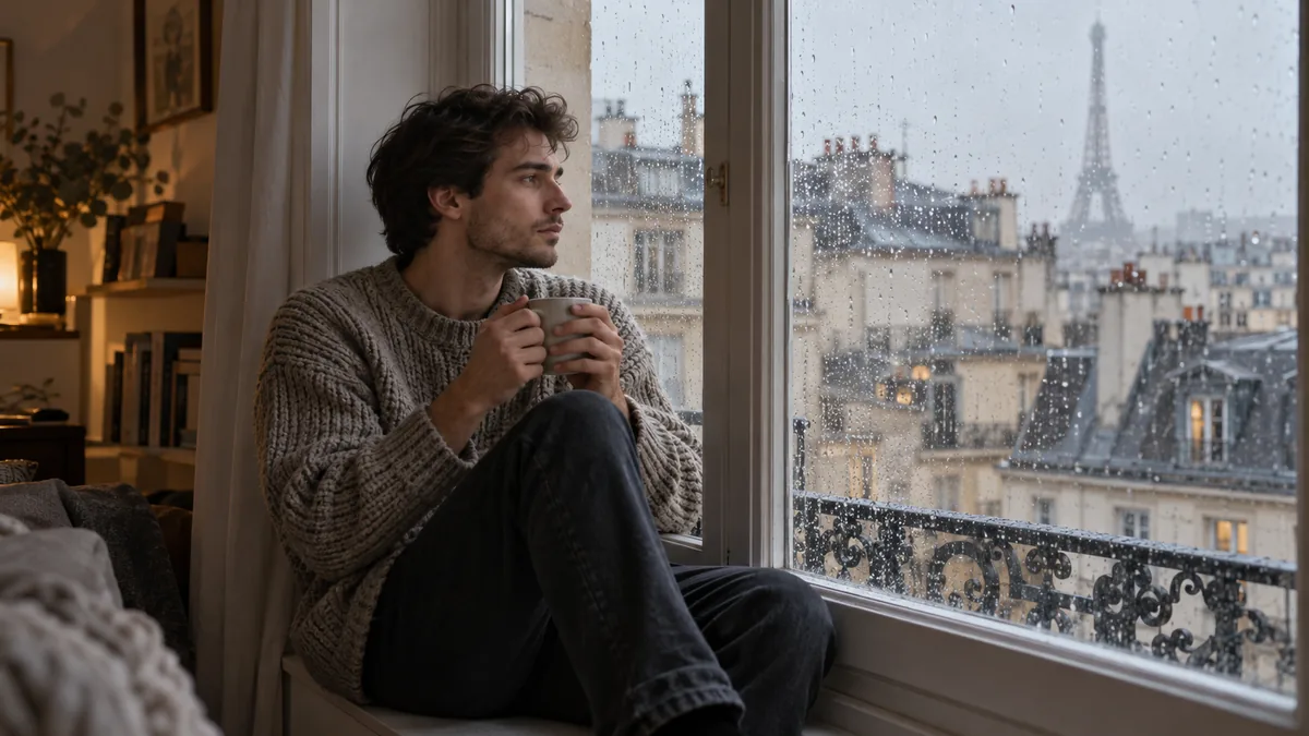 Jeune homme assis près d'une fenêtre, regardant la pluie une tasse à la main
