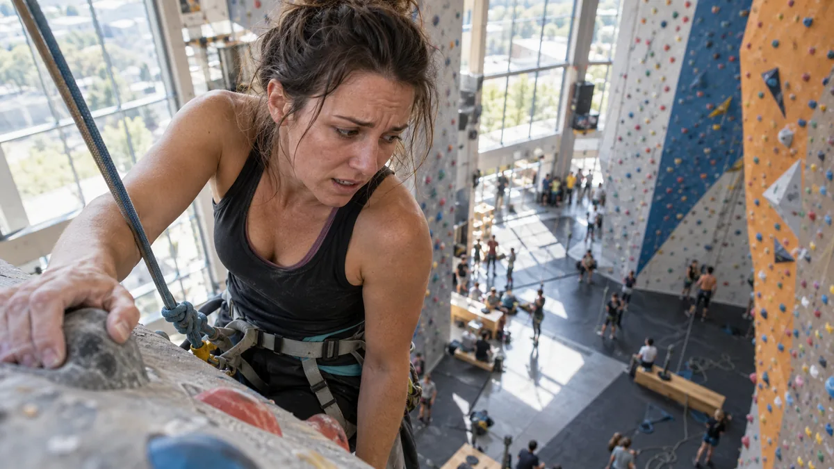 Femme hésitante en haut d'un mur d'escalade, entre peur et détermination
