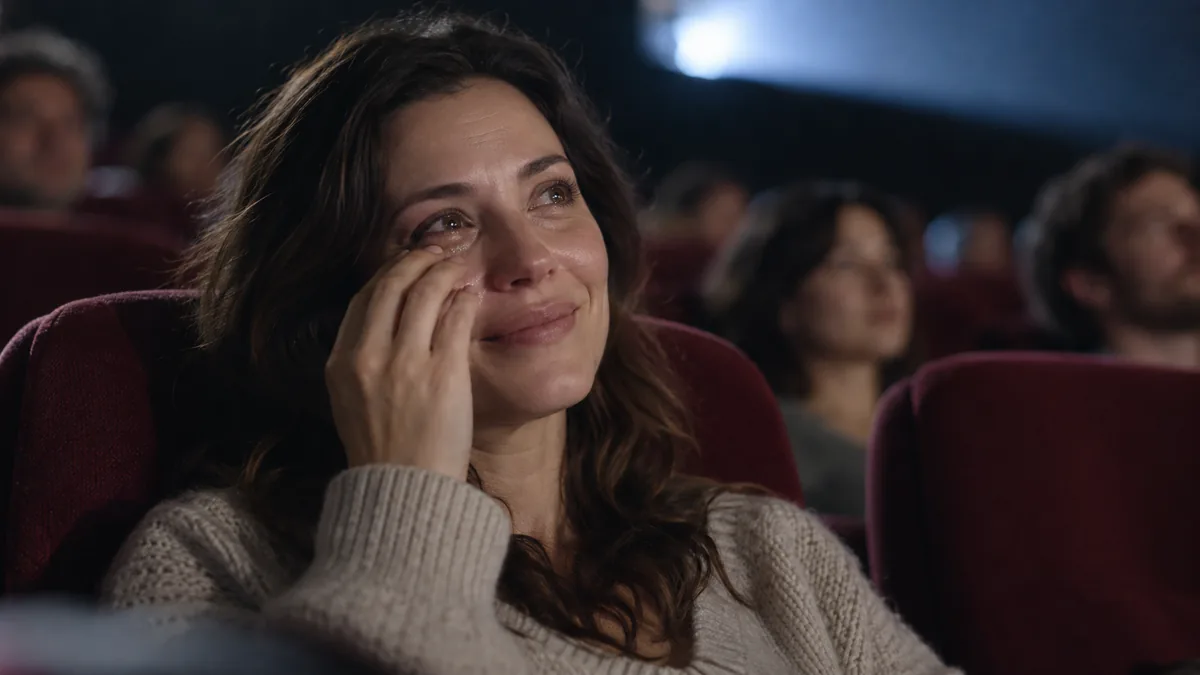 Femme essuyant une larme en souriant devant un film au cinéma