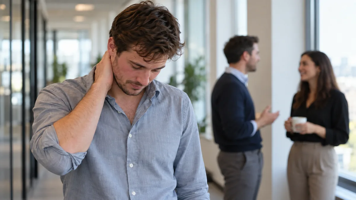 Homme gêné baissant la tête et évitant le regard dans un couloir de bureau