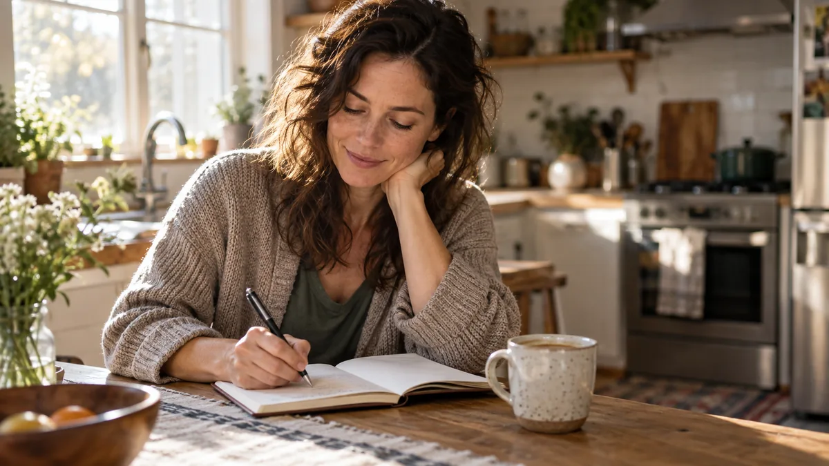Femme écrivant dans un carnet de gratitude le matin à la table de sa cuisine