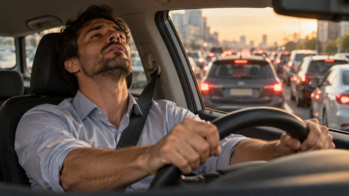 Homme exaspéré au volant de sa voiture, bloqué dans un embouteillage