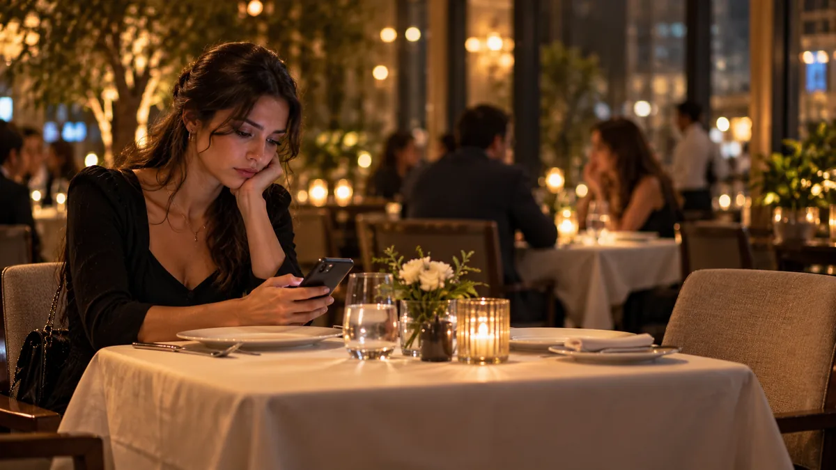 Femme déçue seule à une table de restaurant, regardant son téléphone face à une chaise vide