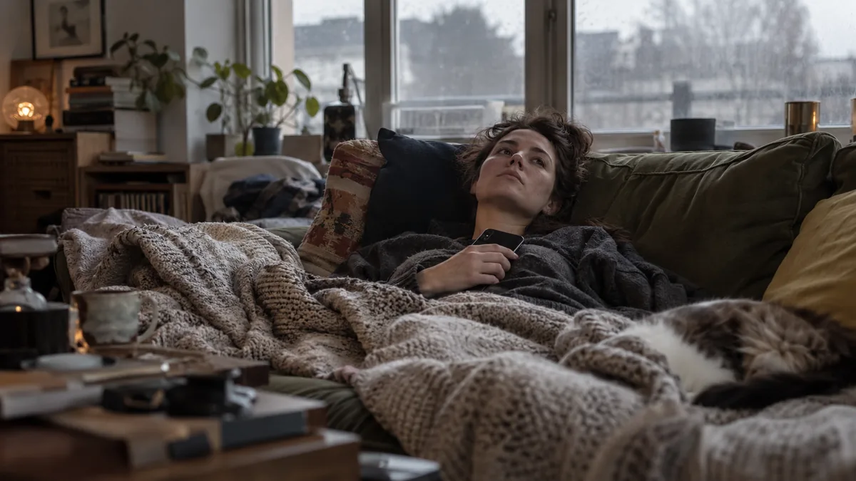 Femme allongée sur un canapé fixant le plafond avec ennui un dimanche après-midi