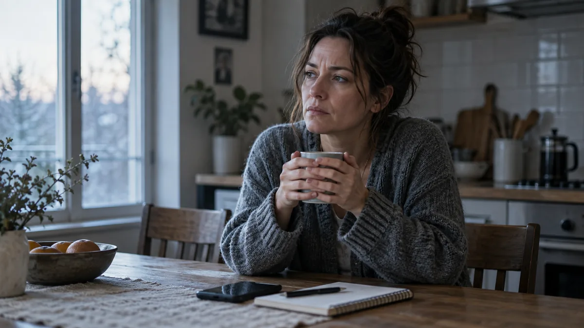 Femme inquiète, le regard dans le vide, une tasse entre les mains à la table de la cuisine