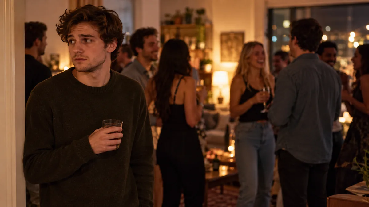 Jeune homme mal à l'aise, seul à l'écart lors d'une soirée entre amis