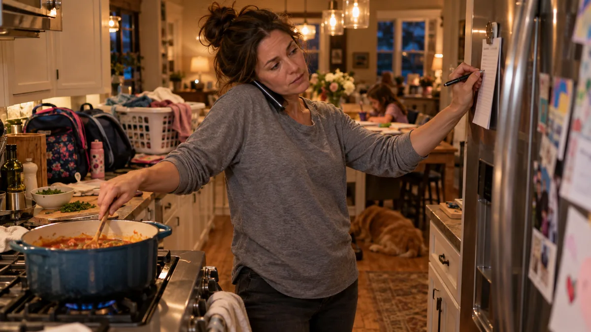 Femme au téléphone écrivant une liste sur le frigo tout en cuisinant, entourée de tâches ménagères